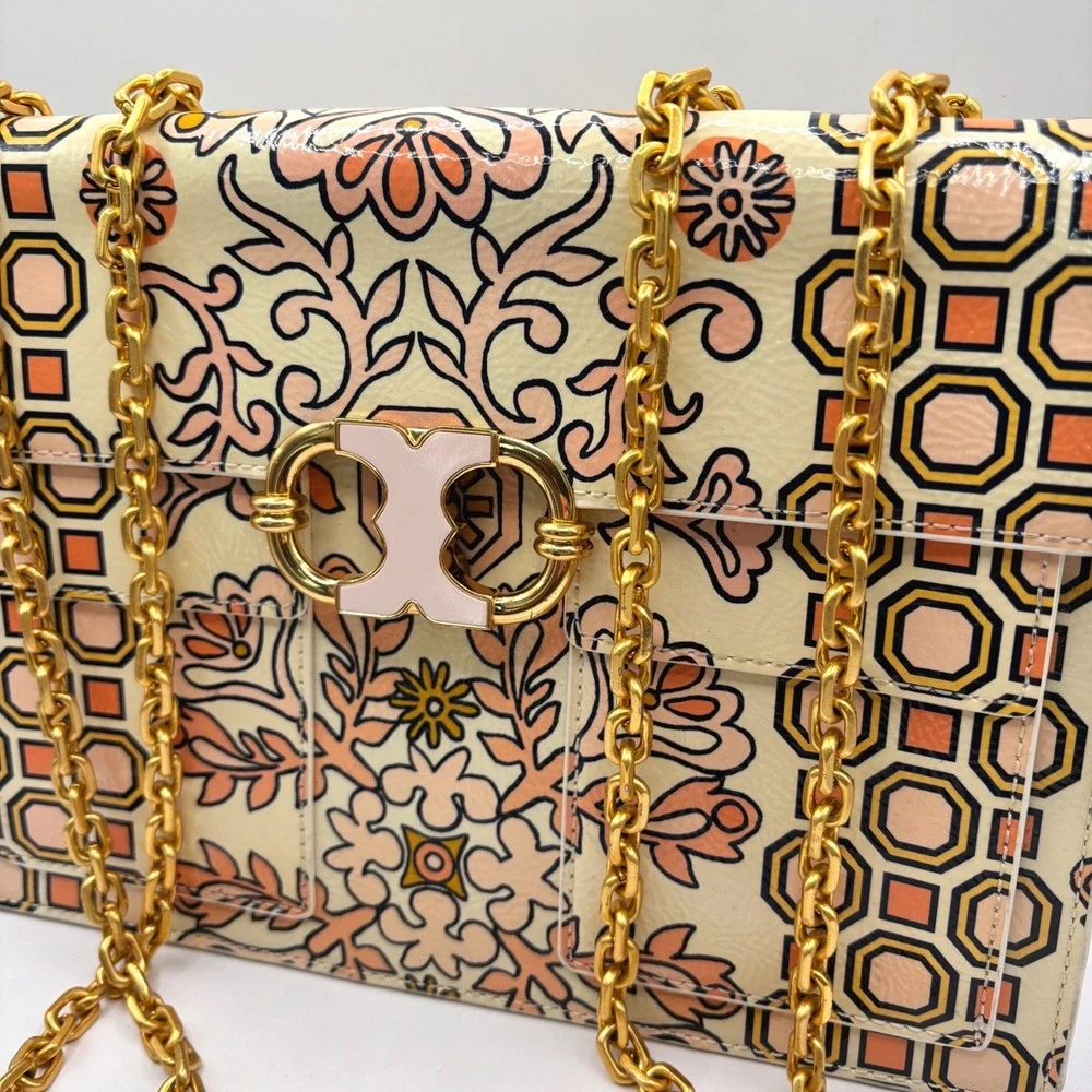 Tory Burch Hicks Garden Gemini Handbag Purse Wallet Set Pink Gold Cream EUC